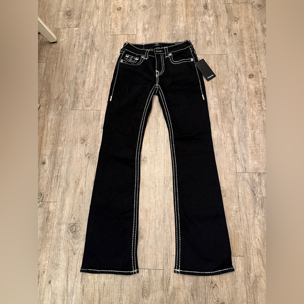 True Religion Black Boot Cut Jeans with White Stitching